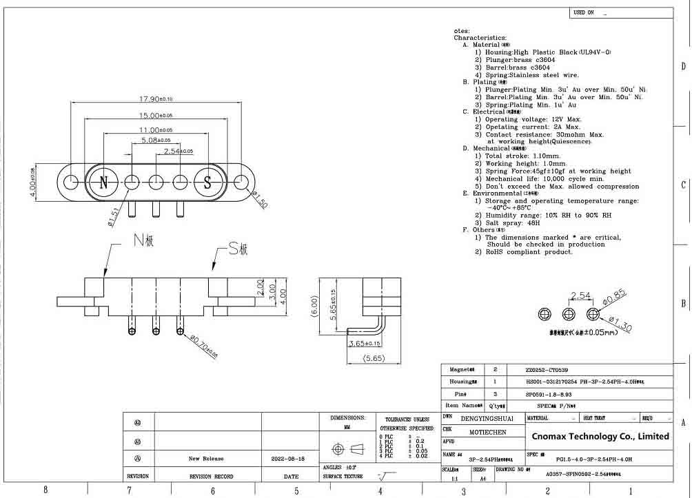 3pin right angle magnetic connector